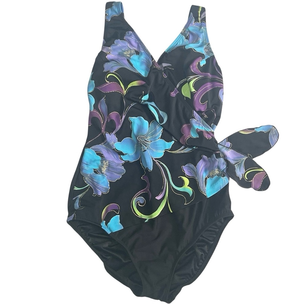 Longitude Tropical Print V-neck Scoop Back One Piece Swimsuit Slimming Size 16